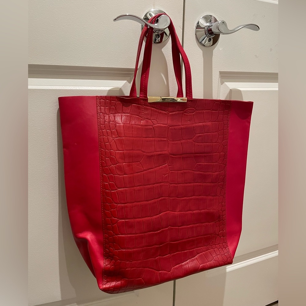 Red Embossed Leather Tote Bag